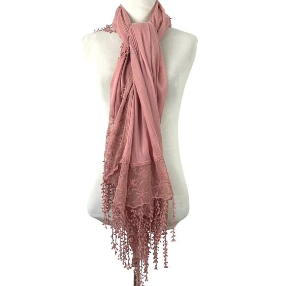 Women Fringe Lace Fairy Hippie Cottagecore Boho Scarf Shawl Pink Mauve 80”x34” - Picture 1 of 6
